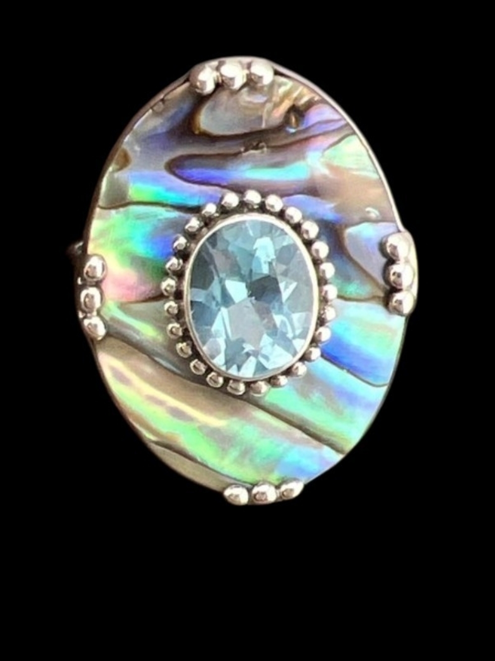 VTG Merav Indonesian Sterling Silver Abalone Blue Topaz Bali Statement Ring